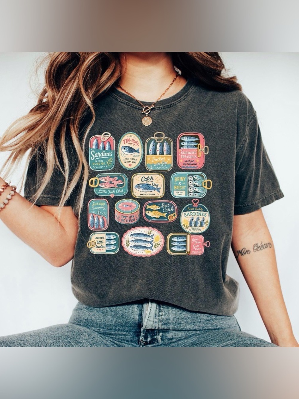 Tinned Fish T-Shirt, Vintage Sardine Can Graphic Tee, Mediterranean Foodie Tee